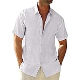 Runcati Mens Button Down Linen Shirts Short Sleeve Casual Collared Summer Beach Untucked Tops