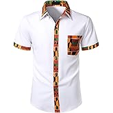 ZEROYAA Men's African Printed Patchwork Design Short Sleeve Button up Shirt