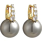 MALOYANVE Pearl CZ Earrings Statement 14K Gold Plated Big Vertical 5A Three Cubic Zirconia White Pink Dangle Earrings Elegant Jewelry Gifts for Women