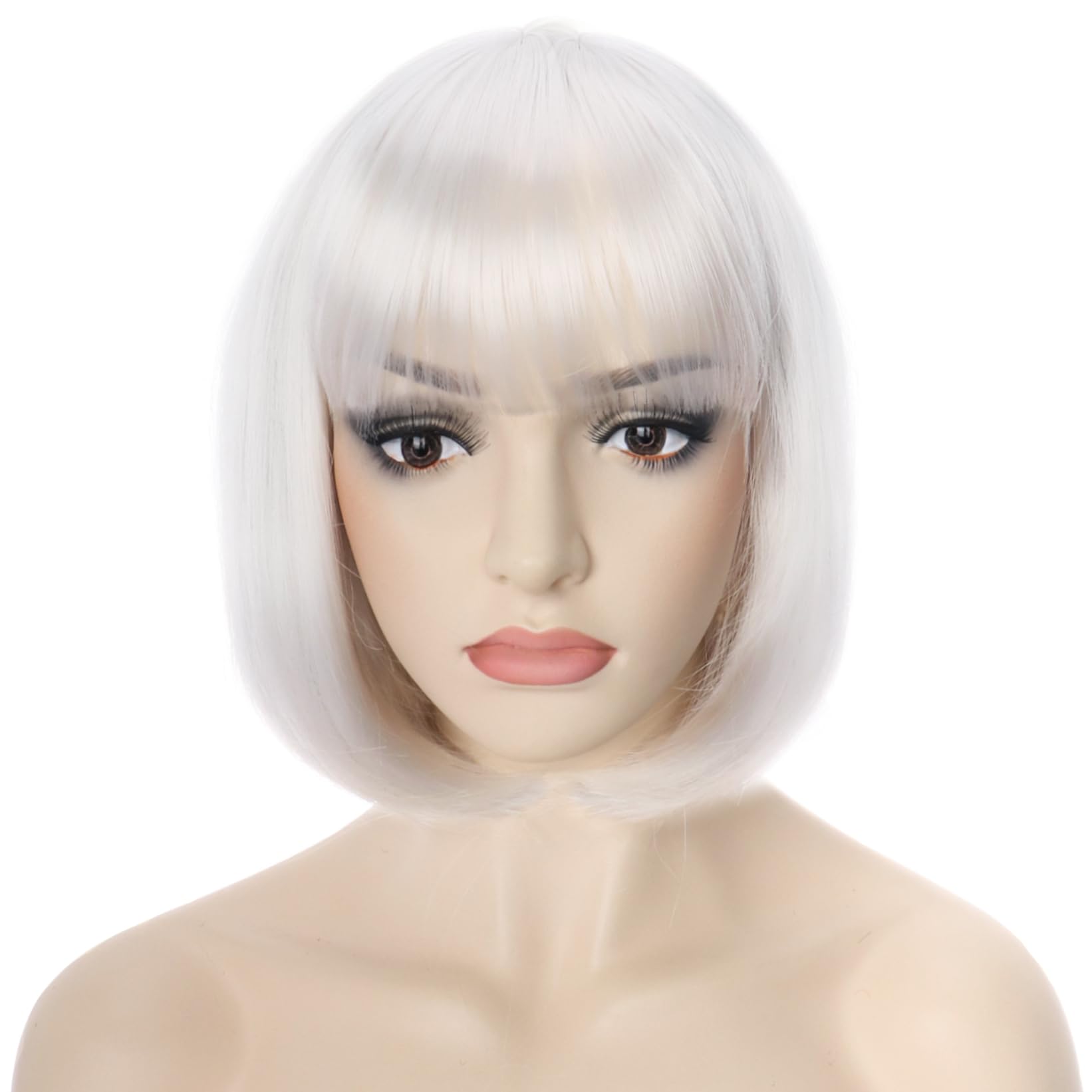 PORSMEER Short White Bob Wigs with Fringe For Unisex Womens Girls Natural Synthetic Hair Colorful Costume Cosplay Wig for Anime Halloween Fancy Dress Party+Wig Cap — image 1