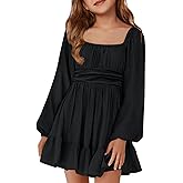 Batermoon Girls Long Sleeve Tie Back Dress Kids Fall Square Neck A-Line Mini Dresses 5-14 Years