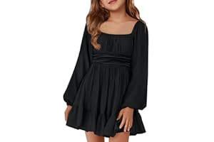 Batermoon Girls Long Sleeve Tie Back Dress Kids Fall Square Neck A-Line Mini Dresses 5-14 Years