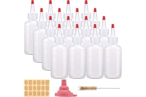 CUCUMI 16pcs 4oz Plastic Squeeze Bottles, with Red Tip Caps and Measurement, with Extra 1 Funnel, 18 Kraft Paper Stickers and 1 Brush for Icing Cookie Decorating, Crafts, Art, Glue, Kitchen Condiments