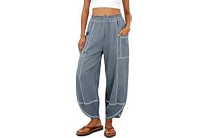Women Cotton Linen Pants Baggy Barrel Color Block Trousers Summer Lounge Cargo Beach Palazzo Pants with Pockets