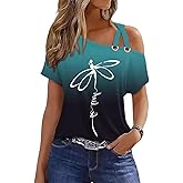 Womens Summer Trendy Cold Shoulder Short Sleeve T Shirts Criss Cross Casual Loose Tunic Shirts Tops Blouses
