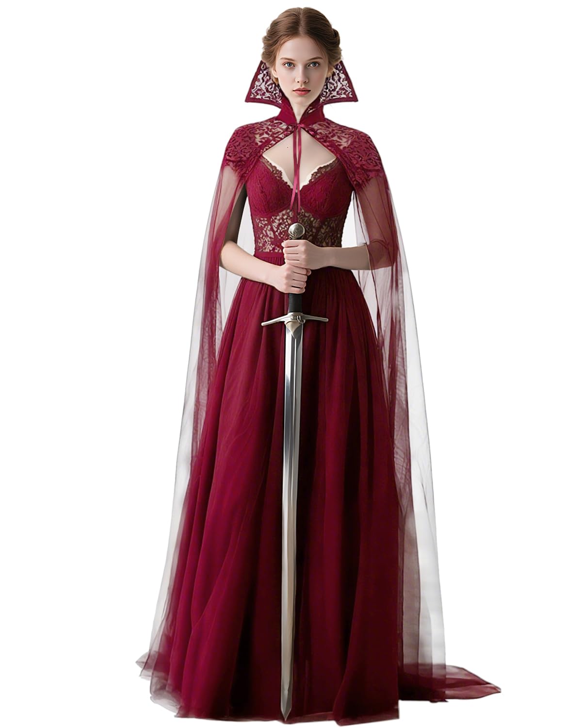Photo 1 of *Missing Parts*
L'VOW Women Standing Collar Tulle Cape Gothic Cape Witch Cloak for Halloween Vampire Cosplay(Burgundy Red)