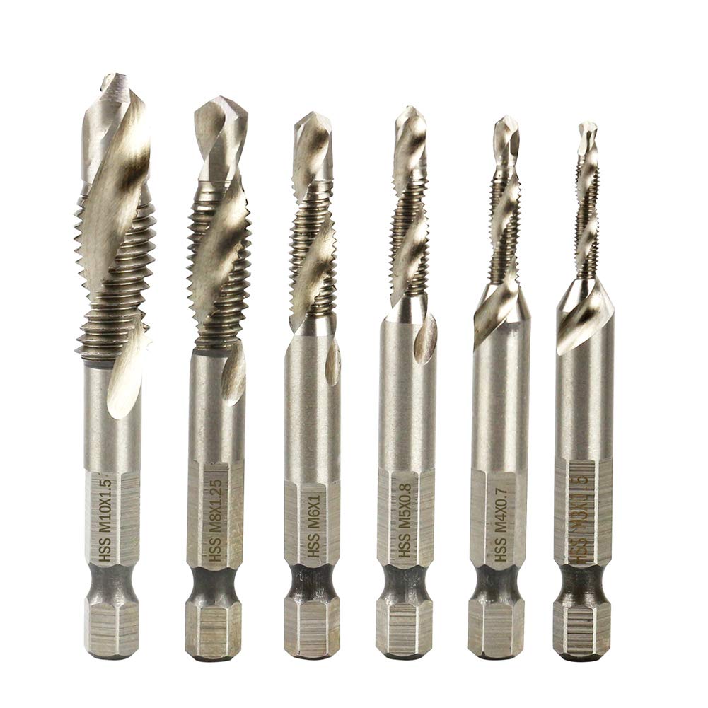Malayas - Hand Tap Hex Shank HSS Screw Spiral Point Thread Metric Plug Drill Bits M3 M4 M5 M6 M8 M10 6pcs/Set Hand Tools, 1/4" Hex Shank HSS Metric Right Hand Screw Thread Tap Taper Drill Bits