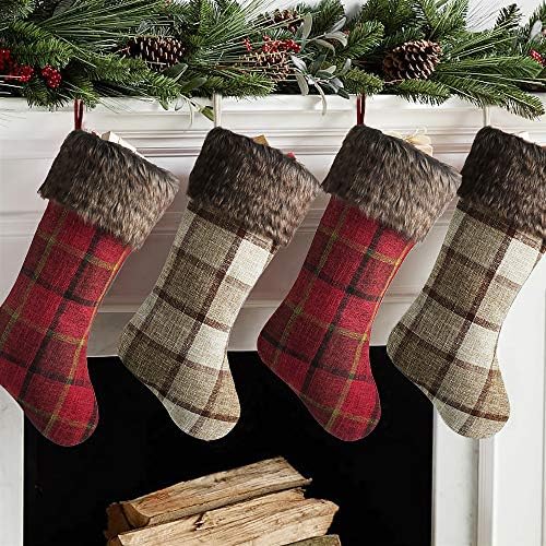 Meriwoods Chirstmas Stockings 18 Inches 4 Pack Rustic Xmas Stockings With Burlap Buffalo Plaid And Plush Faux Fur Holiday Decorations For Family Farmhouse Home