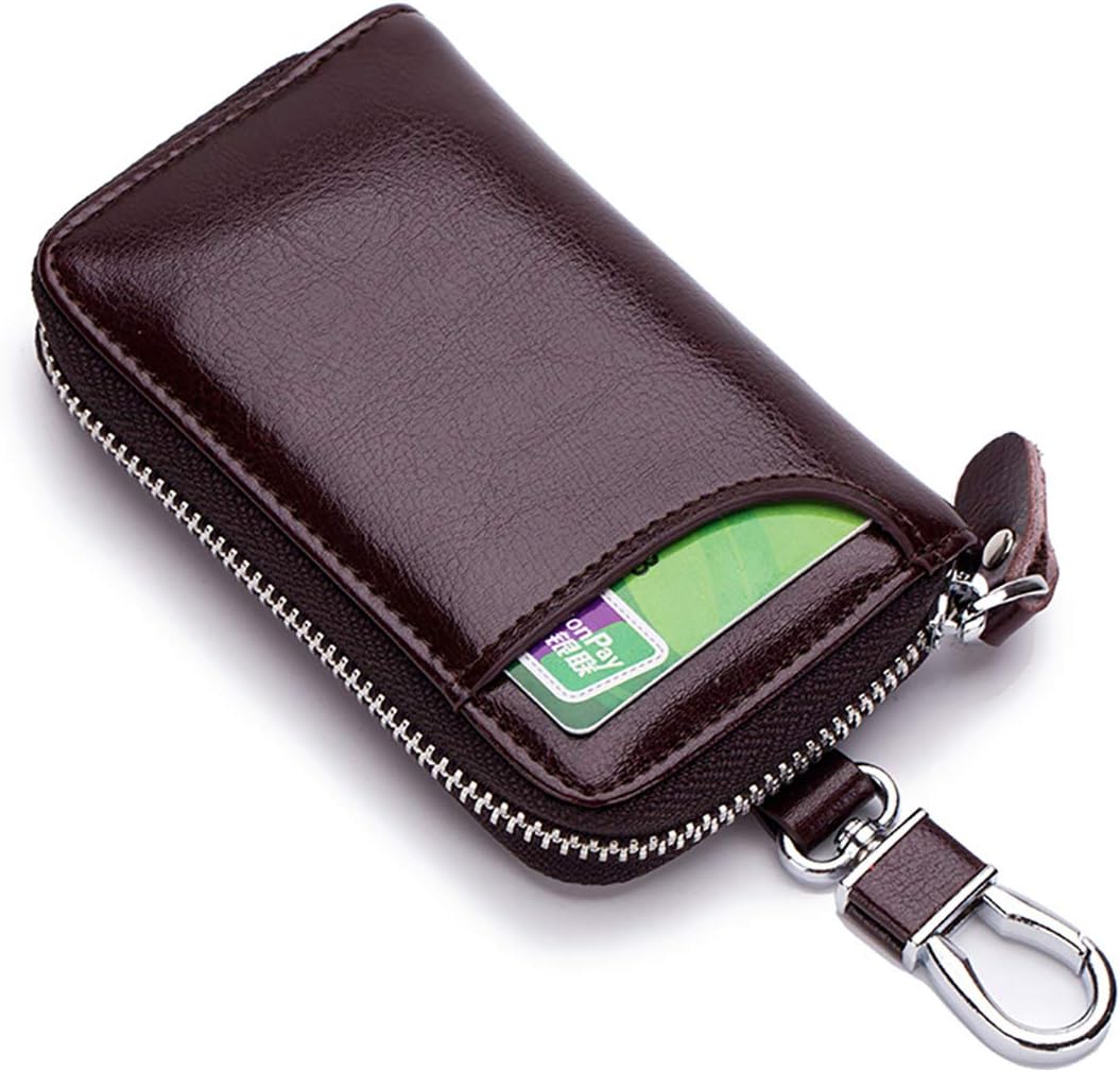 Zipped Leather Car Key Holder Case Bag Wallet Cover with Credit Card Holder Keychain Keyring (Dark Brown)