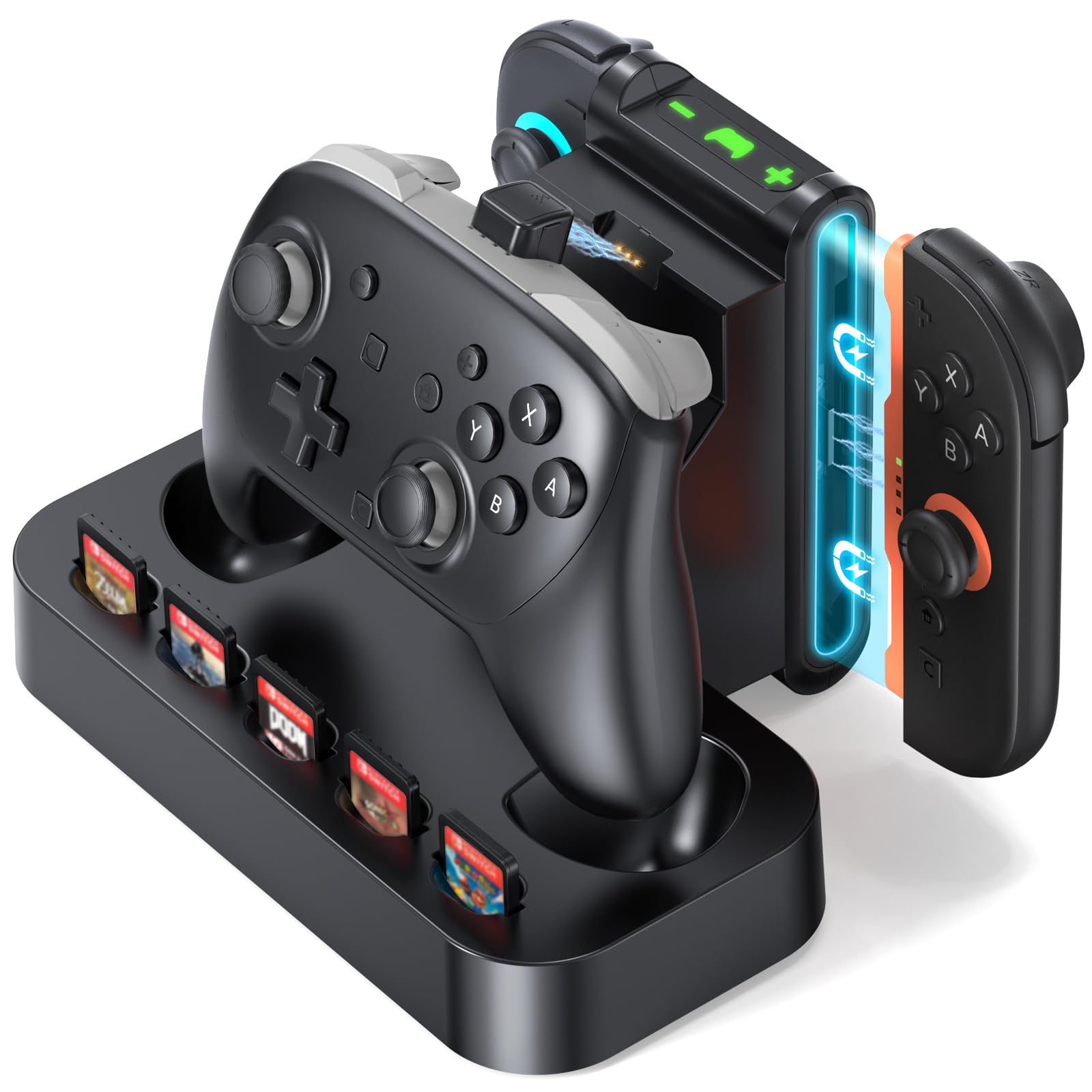 Photo 1 of 2 in 1 Charging Dock for Nintendo Switch 2 Pro Controller & Joycon, Fast Charging Station with Magnetic Snap, 5 Game Card Storage, Type-C Port, Non-Slip Base, LED Indicators, Durable Organizer Stand