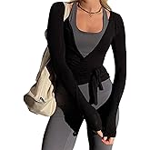 Women Wrap Yoga Shirts Long Sleeve Deep V Neck Tie Front Workout T Shirts Casual Slim Fit Sports Active Tops