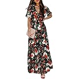 eShakti FX Plunge Floral Print Crepe Maxi Dress Deep Navy/Gray/Yellow