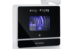 BLITZHOME Countertop Portable Dishwasher, 9 Programs, 167℉ High-Temp, 360° 3 Spray, 24H Timing, Hot Air Drying, Air Refresh, Baby-Care, LED Light, 5.2L Built-in Water Tank for Apartments RVs