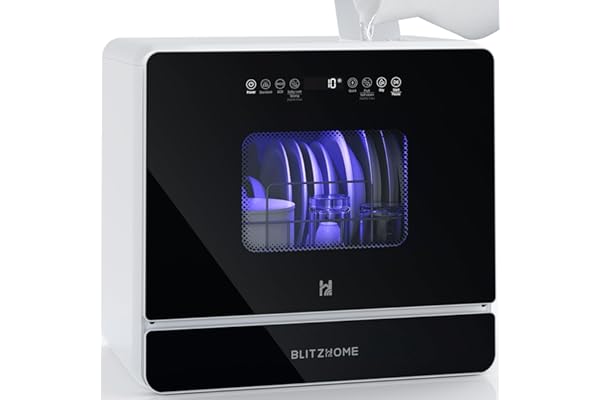 BLITZHOME Countertop Portable Dishwasher, 9 Programs, 167Ã¢â€žâ€° High-Temp, 360Ã‚Â° 3 Spray, 24H Timing, Hot Air Drying, Air Refresh, Baby-Care, LED Light, 5.2L Built-in Water Tank for Apartments RVs