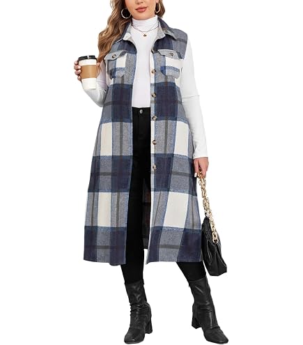 ZOMVA Plus Size 1X-5X Women's Flannel Plaid Long Vest Button Down