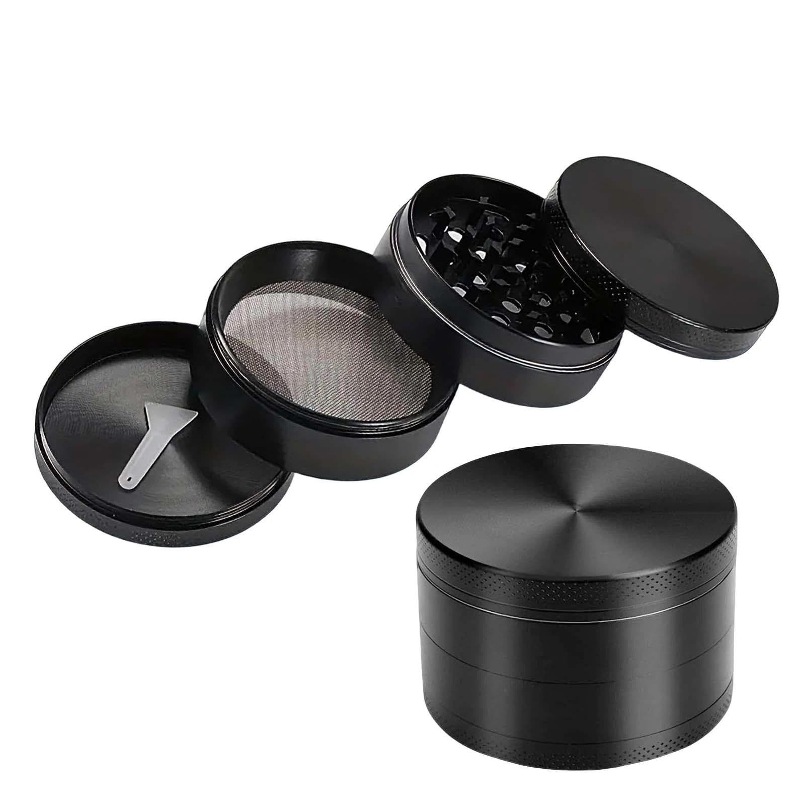 Dinghaole Herb Grinder, Four Piece Black Premium Zinc Alloy Herb Grinder, Portable Zinc Alloy Metal Grinders with Sifter and Magnetic Top for Dry Herb and Spices, Black 40mm