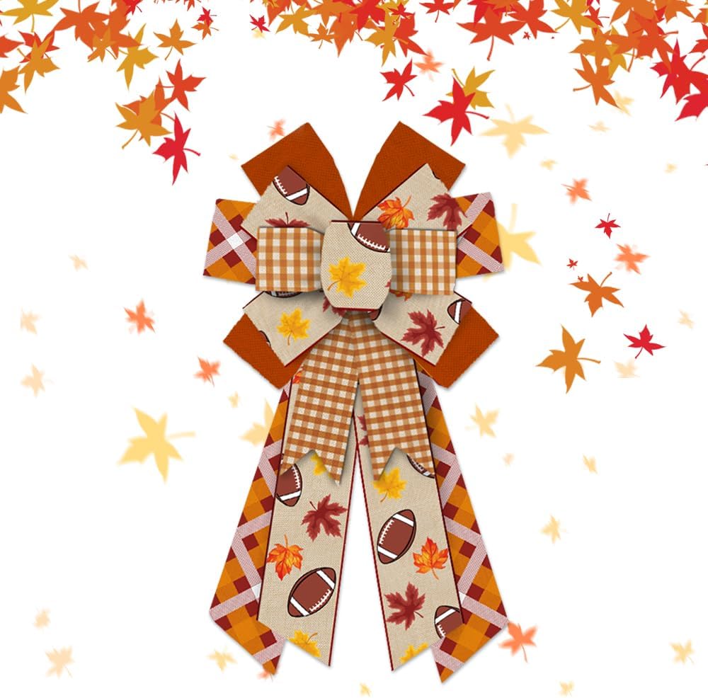 Bows & Ribbons - Estivaux Large Fall Bows for Wreath, Thanksgiving Wreath Bows Orange Natural Burlap Bow Autumn Maple Leafs Football Craft Bow Holiday Farmhouse Tree Bows for Front Door Fall Thanksgiving Decorations