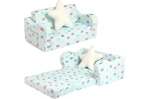 MOMCAYWEX Toddler Couch, 2-in-1 Kids Soft Couch Fold Out with Star Pillow, Foldable Sofa to Lounger, Extra Wider, Colorful Heart