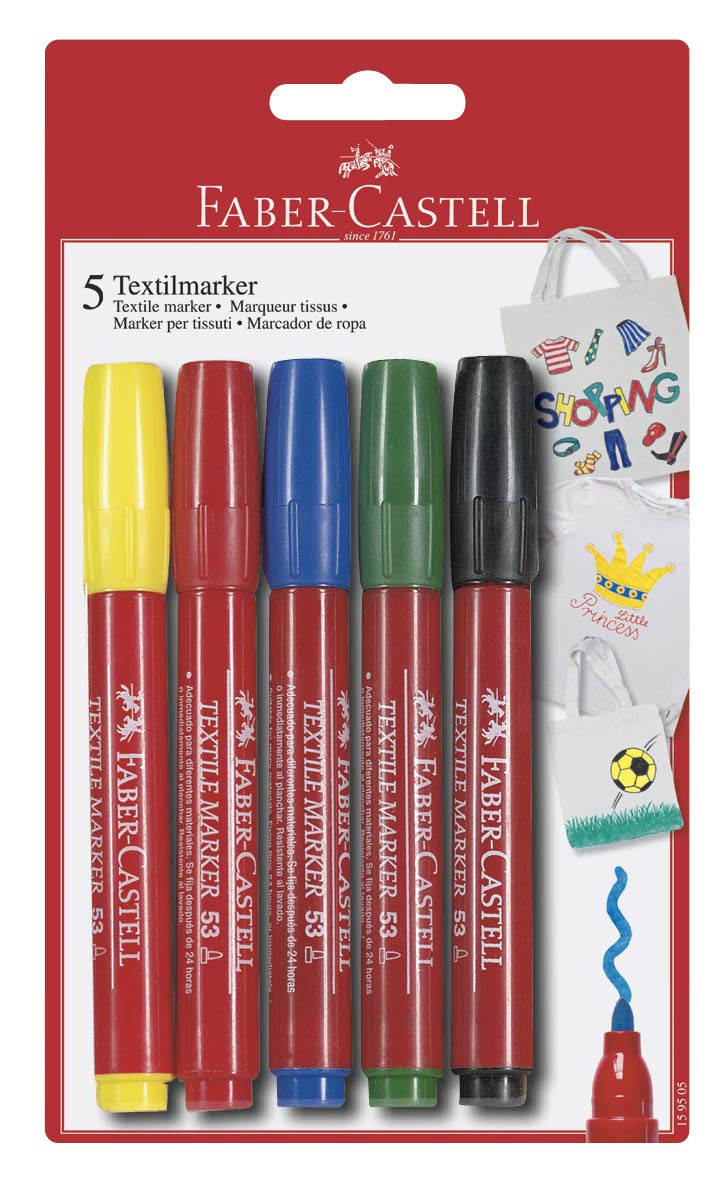 Faber-Castell 159505 Textile Marker 53, Pack of 5, 1 Yellow/Red/Blue/Green/Black