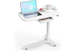 WALKINGDESK Rolling Desk Adjustable Height with Drawer and Wheels, Portable Small Standing Desk Pneumatic for Home Office, Mobile Computer Laptop Cart, Medical Sofa Overbed Table, White