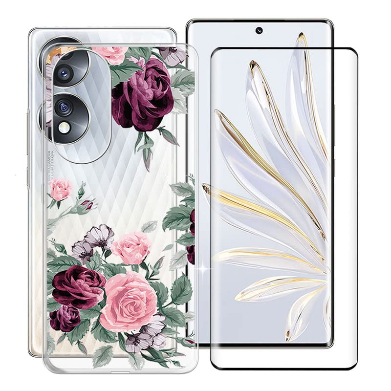 KJYF Protective Case Transparent Bumper TPU Cover + 1 Piece Screen Protector for Honor 70 (6.67 Inches), Tempered Glass Film + Silicone Shell Case Mobile Phone Case for Honor 70 - Rose Flower