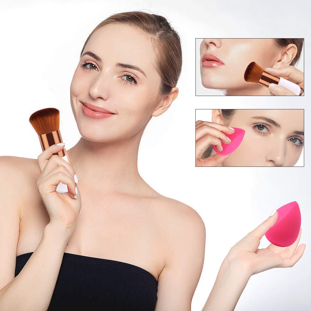 BEAKEY 4+1Pcs Makeup Sponges with Powder Brush, Foundation Blending Sponge for Liquid Cream and Powder, Professional Beauty Sponge Blender & Kabuki Brush : Beauty