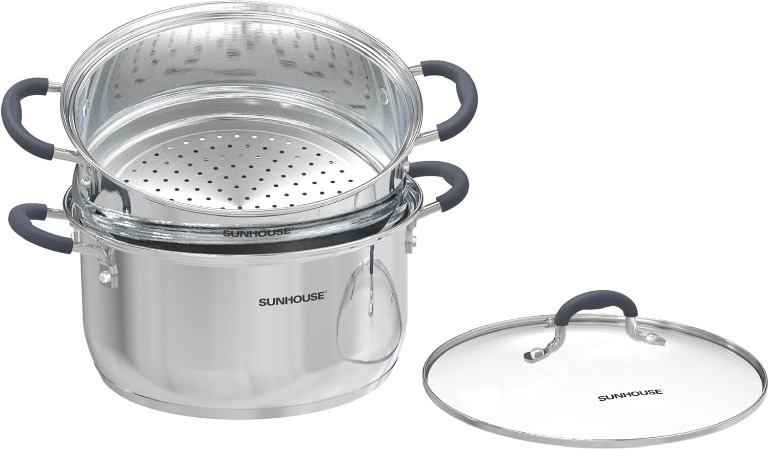 Photo 1 of SUNHOUSE - 3.1 Quart Steamer Pots With Lid 2-Tier Multipurpose Stainless Steel Steaming Pot Cookware With Handle For Vegetable, Dumpling, Sauce, Food - Triple Bottom, Measurement Line