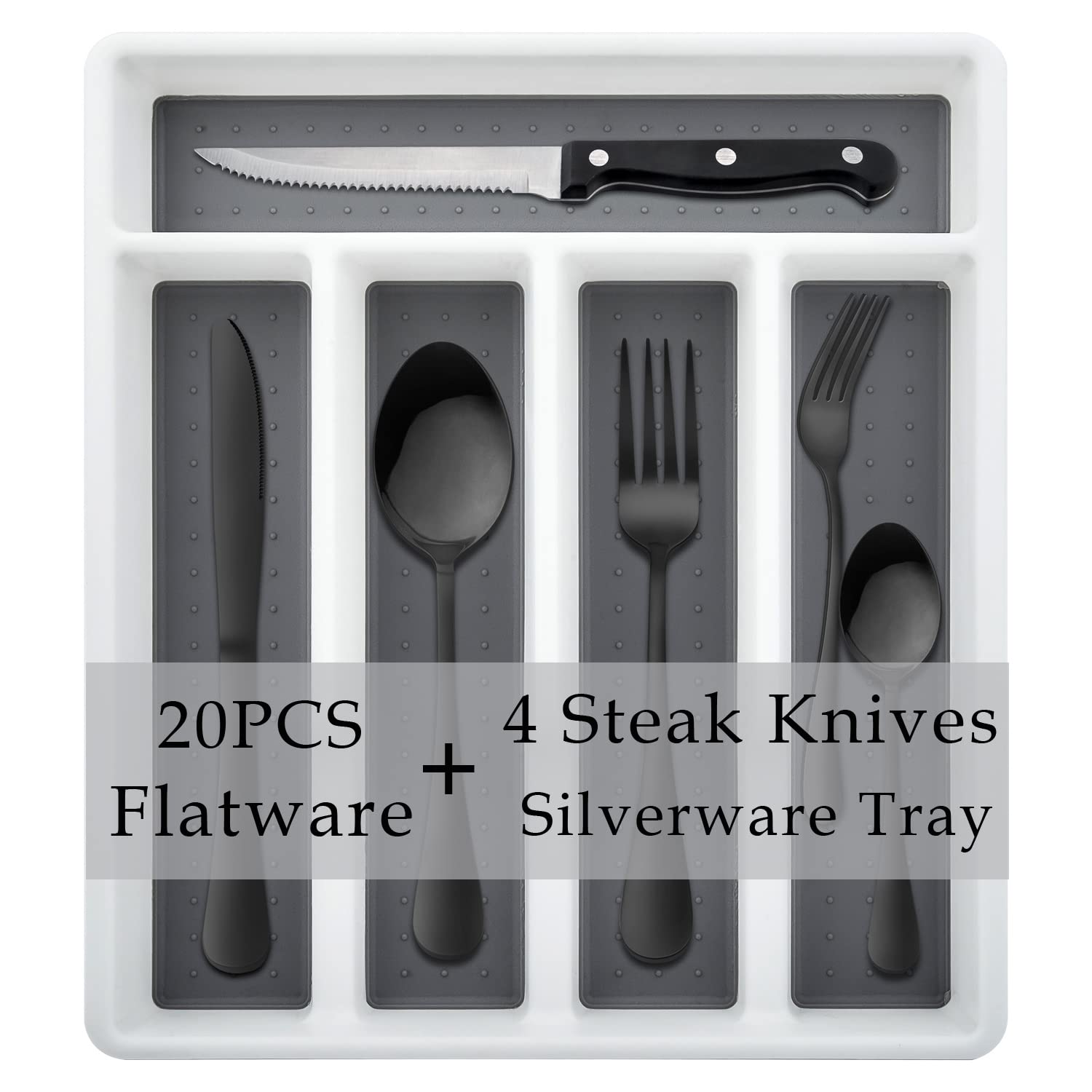 Photo 1 of 24-Piece Silverware Set with Flatware Drawer Organizer, HaWare Stainless Steel Cutlery Set with 4 Steak Knives, Eating Utensils Set Service for 4, Mirror Polished, Dishwasher Safe-Black