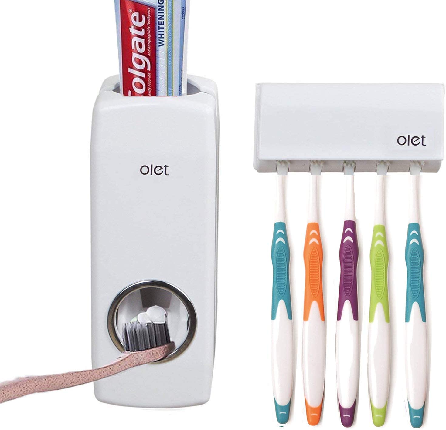 TOWOMO Olet Automatic Toothpaste Dispenser, Toothpaste Squeezing and Tooth Brush Holder Set(5 Brushs Set). White