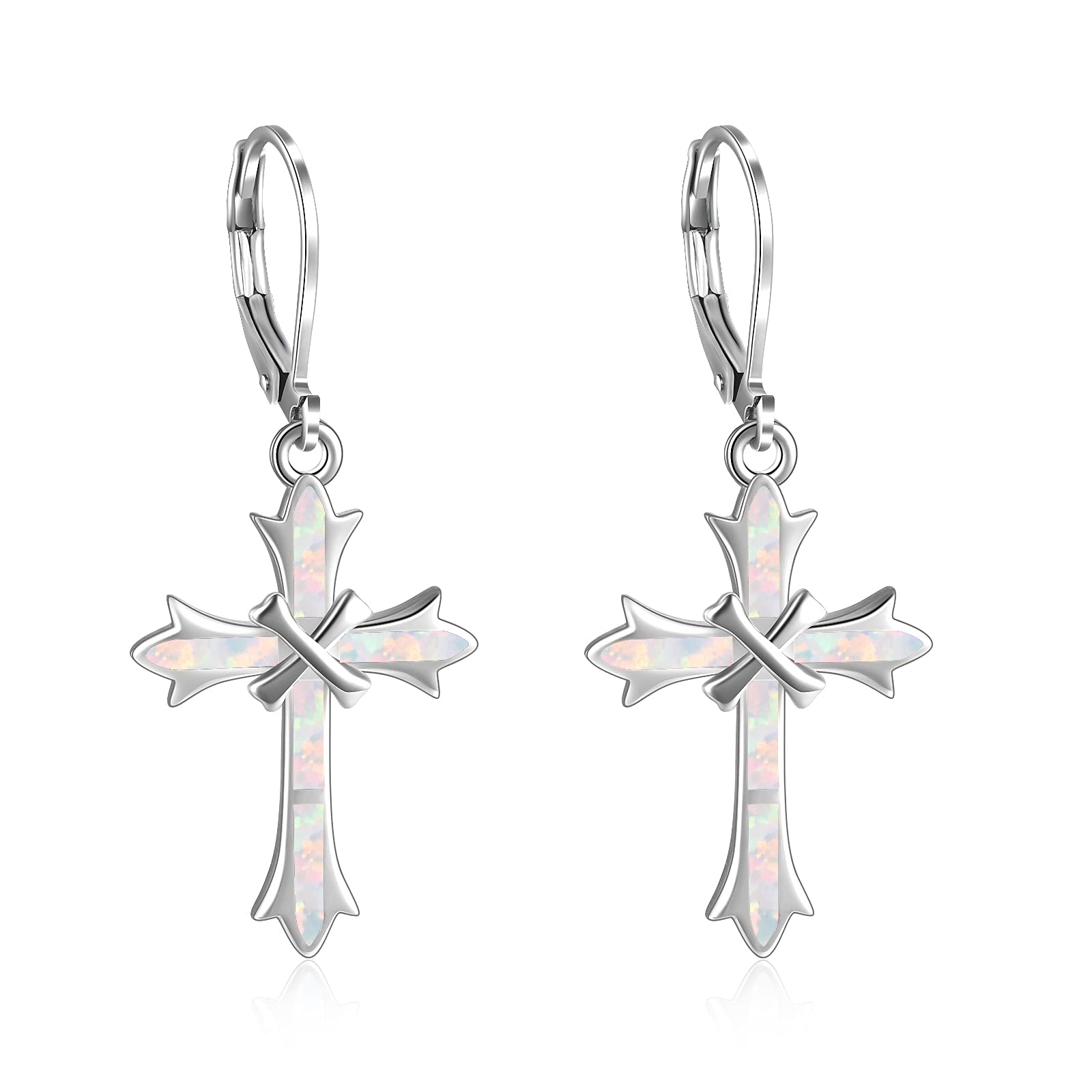 YAFEINI Sterling Silver Cross Earrings - White Opal Leverback Dangle Drop Earring Jewellery for Women Girls (White)
