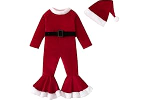 METYOUEZE Toddler Girls Christmas Outfits Long Sleeve Jumpsuit Bell Bottom Velvet Pants Xmas Santa Claus Pants Set