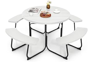 Tangkula 8 Person Picnic Table, Outdoor Round Picnic Table with 4 Built-in Benches, Umbrella Hole, Metal Frame & HDPE Tableto