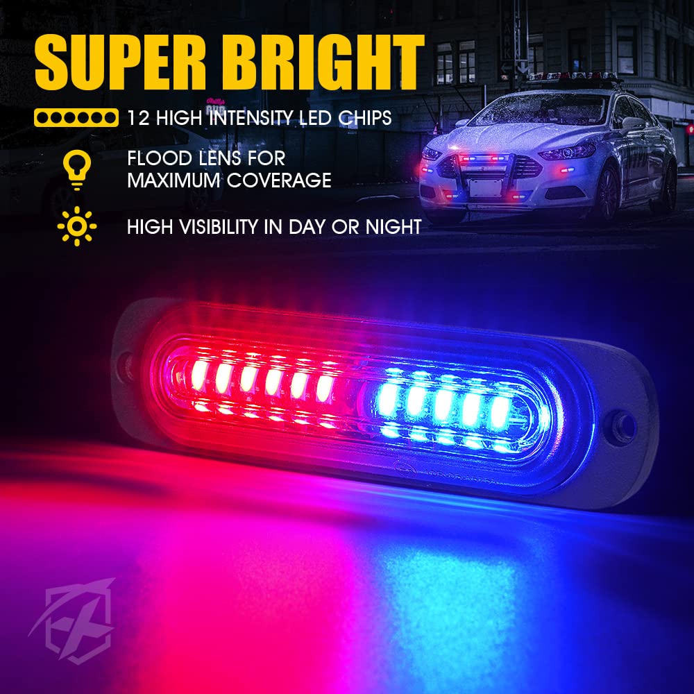 Xprite Red Blue LED Surface Mount Strobe Police Lights Kit, w/Control Panel Emergency Safety Warning Flashing Grille Cop Marker Light Assembly for Vehicles Trucks ATV UTV Motorcycle 4PCS