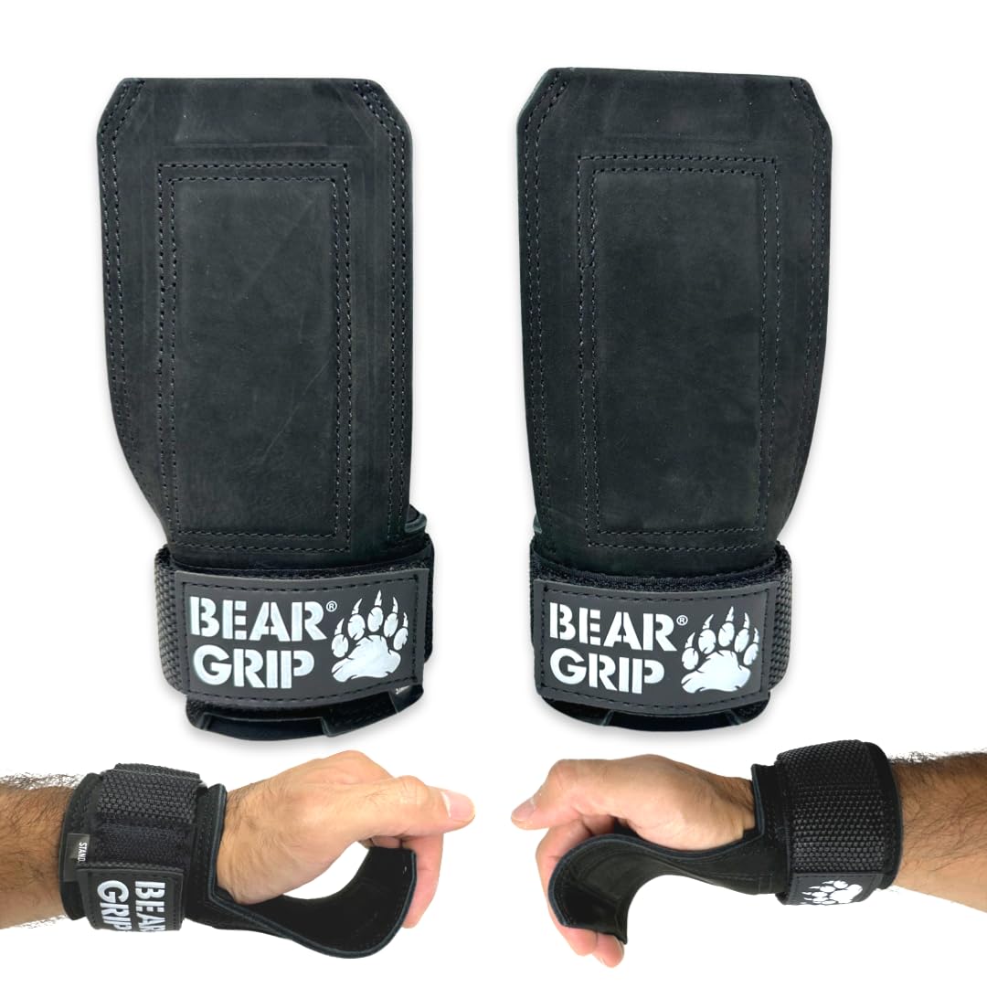 BEAR GRIP Nubuck Leather Multi Grip Straps, Premium Heavy Duty Weight Lifting Straps - Gym Strap for Deadlifts, Rows & Weight Training, Wrist Support for Men & Women (Black Leather)