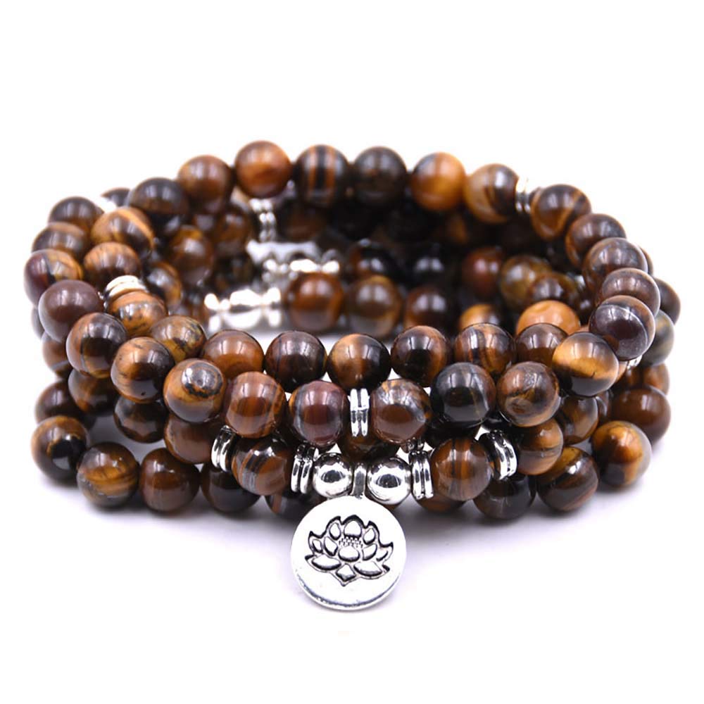 Self-Discovery 108 Natural Beads Mala Yoga Bracelet with Lotus Charm (Brown Tiger Eye)