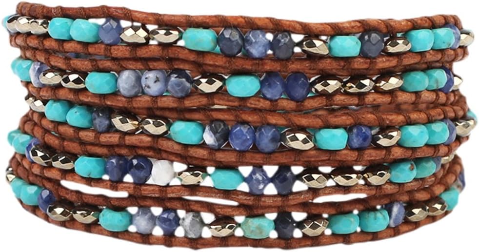 Chan LuuTurquoise, Pyrite and Sodalite Mix of Semi Precious Stones Brown Leather Wrap Bracelet