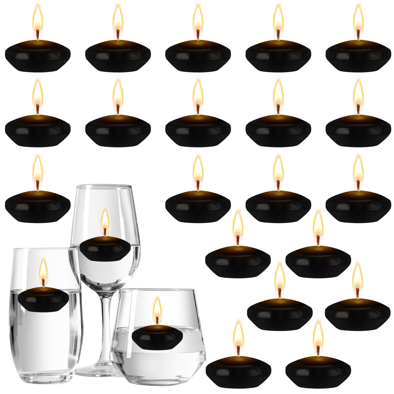 Photo 1 of Nuanchu 20 Pcs Halloween Black Floating Candles Centerpieces for Wedding 1.5 Inch Small Unscented Floating Candles Decoration for Wedding Party Thanksgiving Christmas Holiday and Home Pool Decor