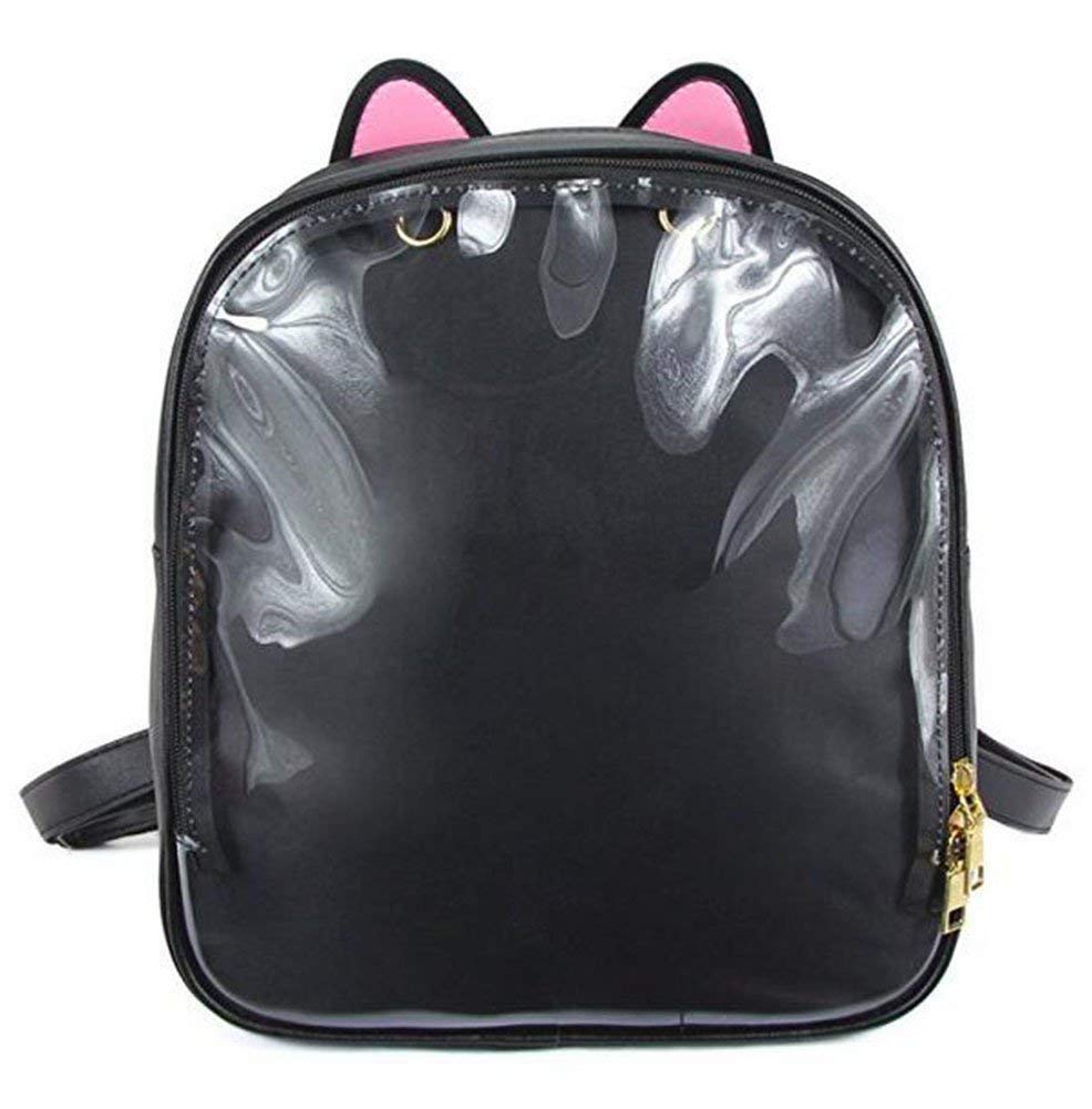 KEEPOP Ita Backpacks Girls Cute School Rucksack Cat Ears Design Daypack Ladies Summer Beach Bag Transparent Windows for DIY Pins Decors, Black