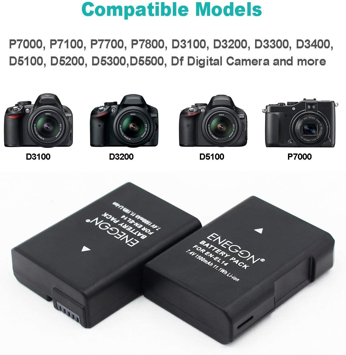 ENEGON EN-EL14/EL14a Replacement Battery 2-Pack and Rapid Dual Charger Kit Compatible with Nikon D5600 D5100 D5200 D5300 D5500 D3100 D3200 D3300 D3400 D3500 Df, Coolpix P7000 P7100 P7200 P7700, P7800 - Image 4