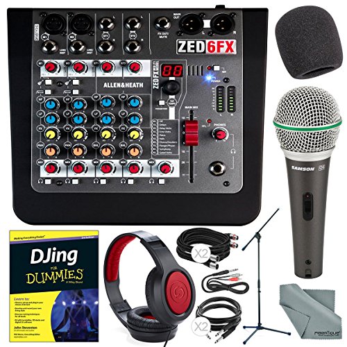 Allen & Heath ZED-6FX Compact 6-Input Analog Mixer with On-Board Effects Engine and Accessory Deluxe Bundle w/ Dynamic Mic + Stand + Headphones + DJing for Dummies + Much More