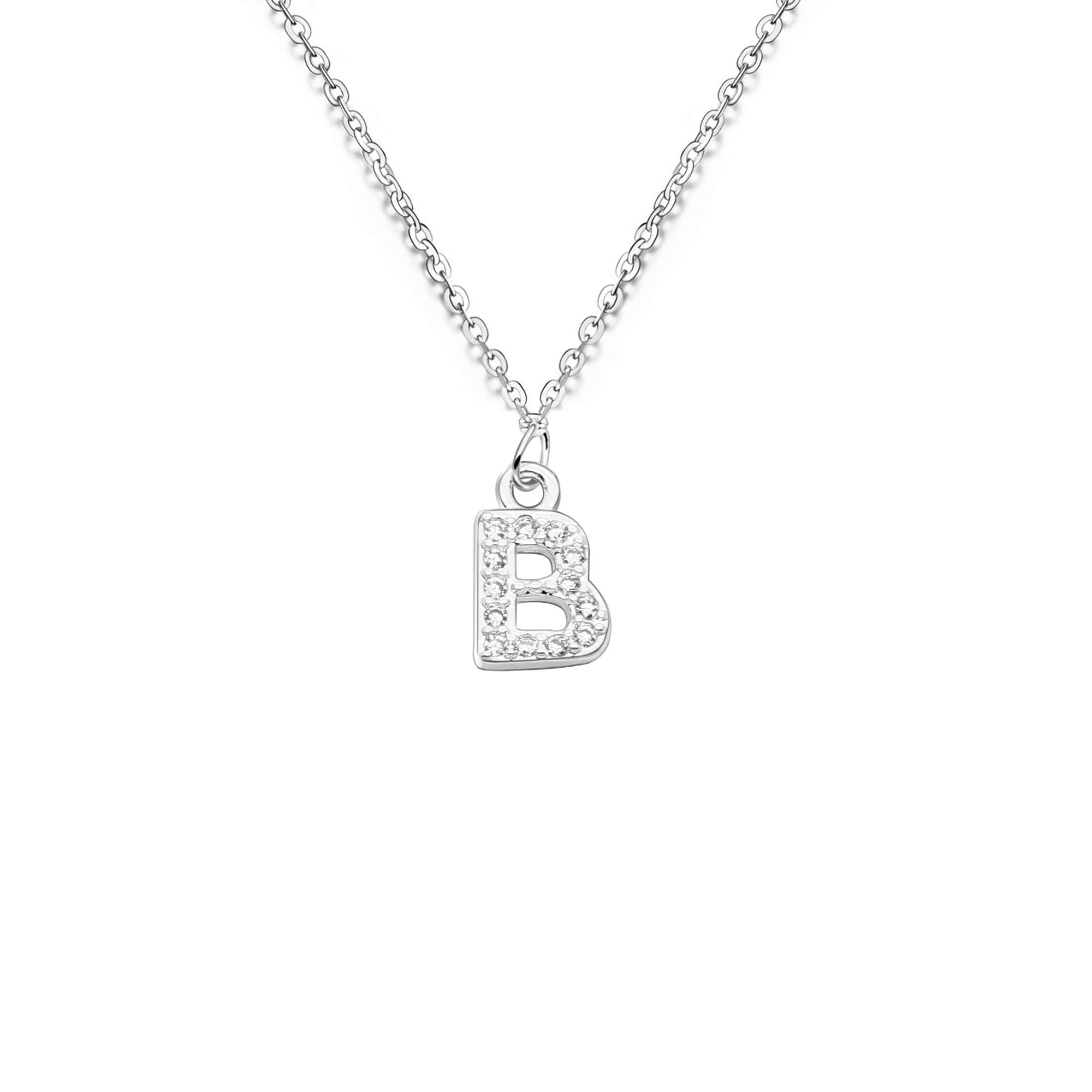 bifriend S925 Silver 26 Initial English Letter Crystal Chain Necklace For Women Girl Best Gift (B)