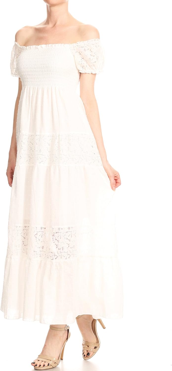 off shoulder smocked maxi dress