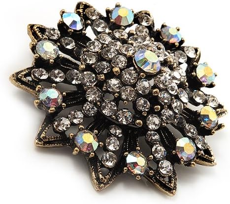 Clear/Iridescent Crystal Dimensional Floral Corsage Brooch (Antique Gold Tone), white / ivory, gold - Image 3