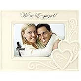 Malden International Designs Glazed Ceramic With Silver Accents "We're Engaged " Picture Frame, 4x6, White