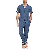 EA'S SECRET Mens 100% Cotton Pajamas Set Short Sleeve Loungewear with Long Pants Button Down Sleepwear Soft Comfy Pjs