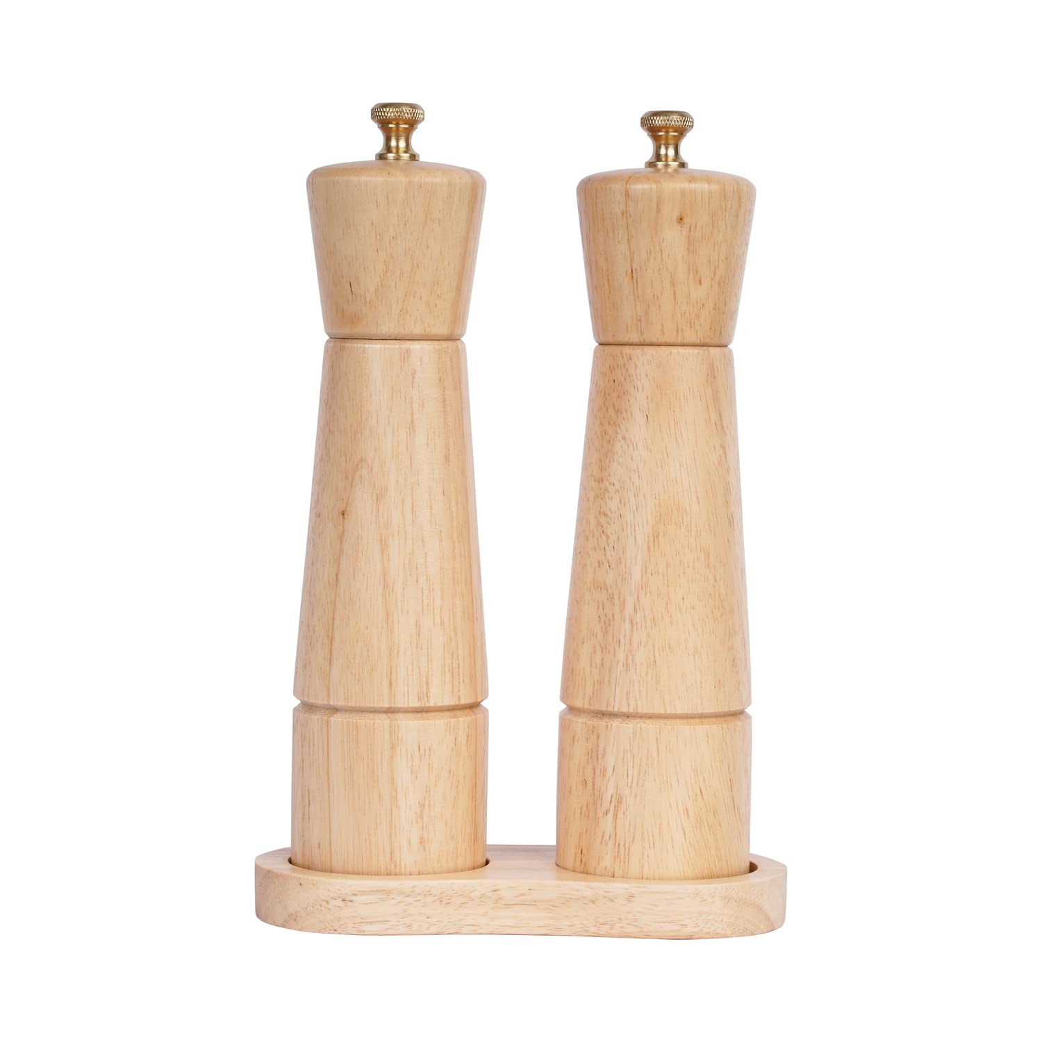 DeroTeno Salt and Pepper Mill Set with Tray, Adjustable Ceramic Grinder Salt Mill, Stainless Steel Grinder Pepper Mill, Rubber Wood, 22 cm Height, Bottom Dia 5.5 cm (Tray is Included