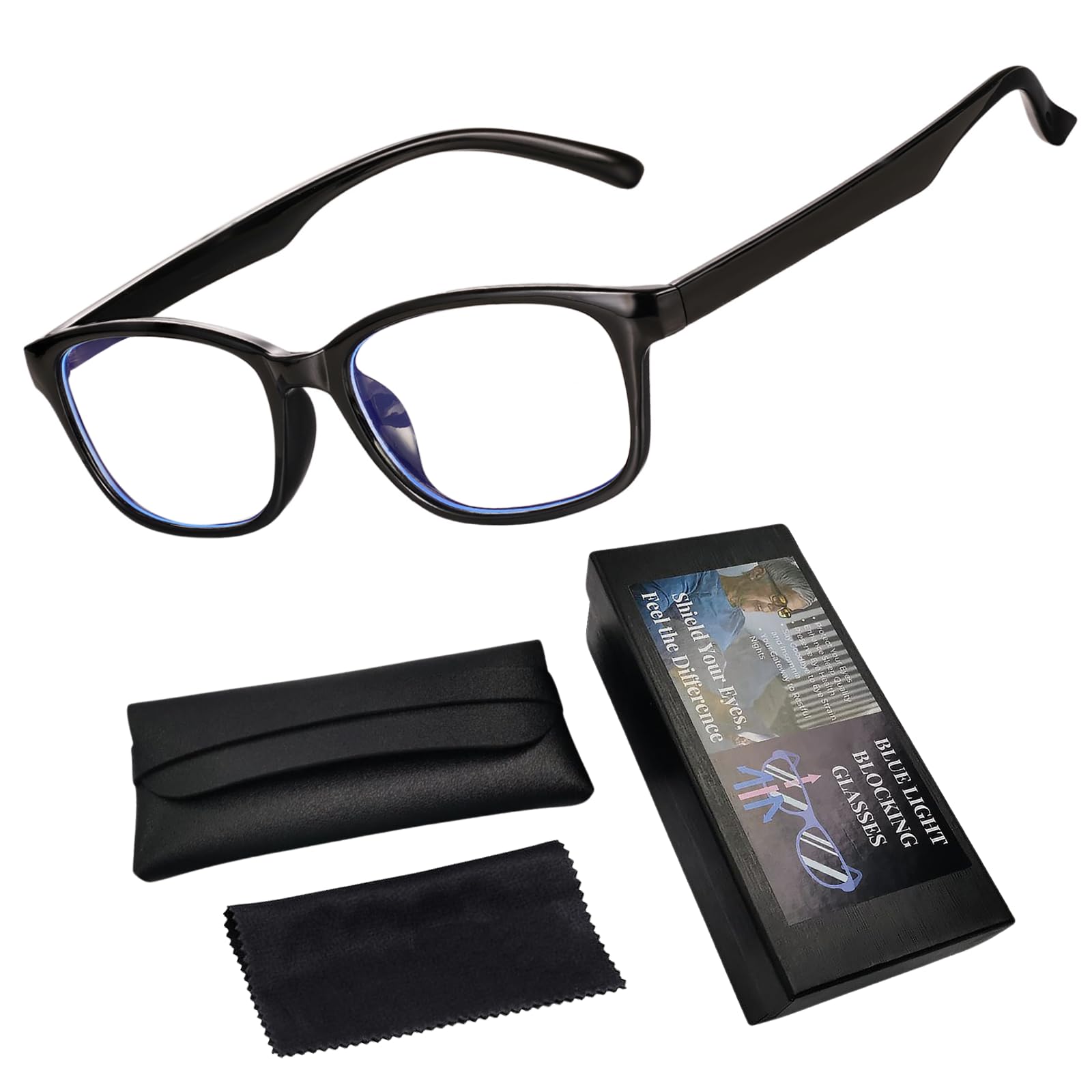 genkigold Blue Light Blocking Glasses for Computer,TV,Gaming,Women & Men,Ease Digital Eye Strain,Dry Eyes,Headaches Blurry Vision,Includes Case,Healthy Present - Glossy Black Frame & Clear Lenses