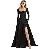Neejafrog Women's Square Neck Prom Dresses Long Sleeves Satin Wedding Dress A Line Formal Party Gown with Slit