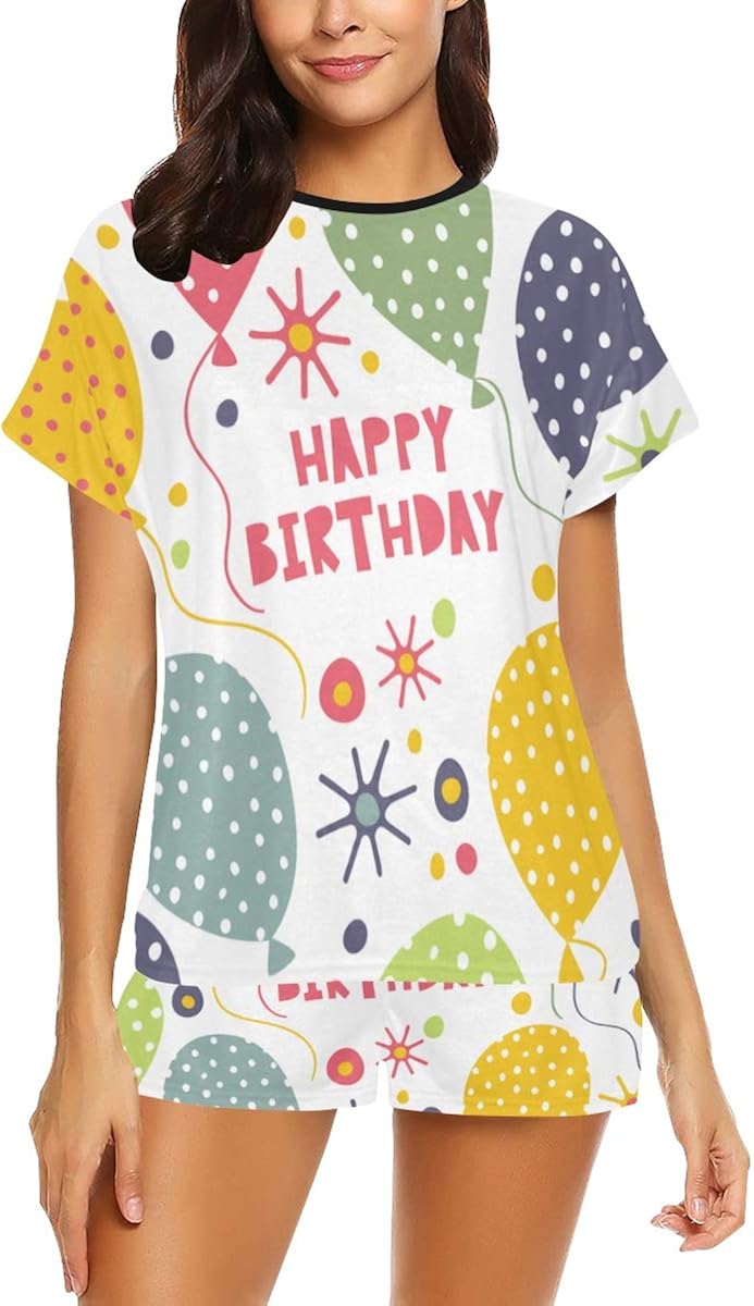 LUYHUI Women's Casual Pajamas Set, Happy Birthday Bright Balloons Short
