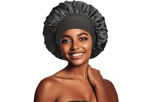 Silk Bonnet for Sleeping Women Hair Stain Bonnets, Elastic Wide Band Hair Bonnet for Men Women Hair Wrap Cap, Black, Medium